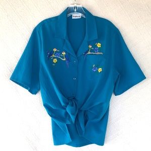 Brighton Teal Button Down Shirt with Parrot Embroidery